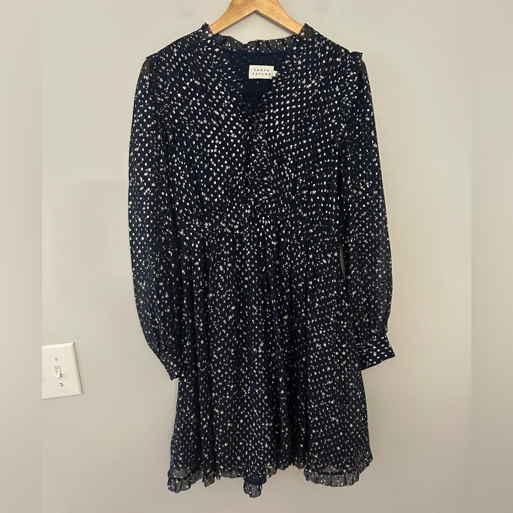 Tanya Taylor Navy Blue and Metallic Silver Star Print Long Sleeve Mini Dress